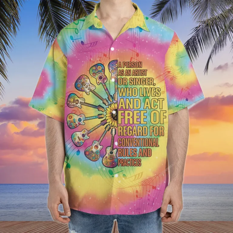 Hippie Guitar Hawaiian Shirts For Men Women, Colorful Tie Dye Summer Beach Shirts, Guitar Hippie Aloha Shirts, Mens Button Down Short Sleeve Shirts