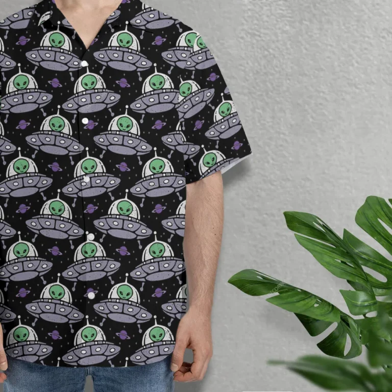 Space Alien Hawaiian Shirt For Men Women, Space Ship Pattern Summer Shirt, Alien Ufo Button Down Short Sleeves, Mens Casual Summer Beach Shirts