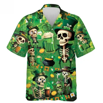 Patrick Skull Drinking Beer Hawaiian Shirt, Mens Casual Button Down Shirts, Skull Summer Beach Shirt, Cruise Shirt, Short Sleeve Shirts For Men Women