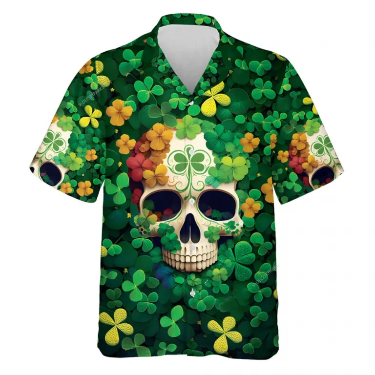 Patrick Skull Clovers Shirt, Patrick Skull Summer Beach Shirts, Mens Casual Button Down Shirt Short Sleeve Shirts For Men Women, Tropical Cruise Shirt