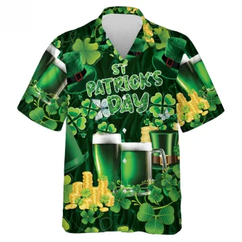 Patricks Day Beer Clover Pattern Shirt, Summer Beach Shirts, Mens Casual Button Down Shirt Short Sleeve Shirts For Men Women, Tropical Cruise Shirt