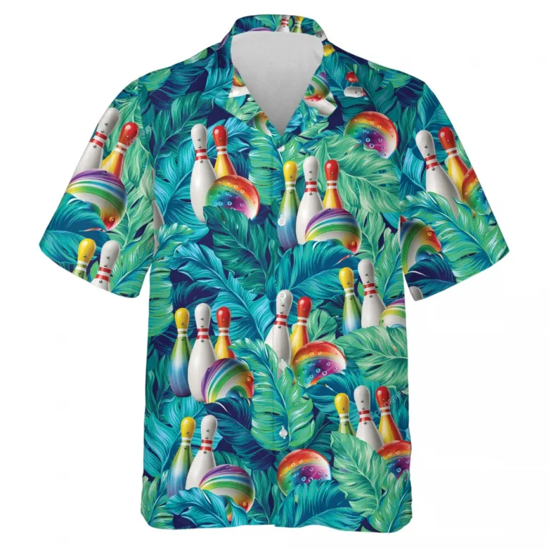 Colorful Bowling Team Hawaiian Shirt For Men Women, Tropical Leaves Summer Beach Shirt, Aloha Shirts, Bowling Lovers Button Down Shirt Short Sleeve