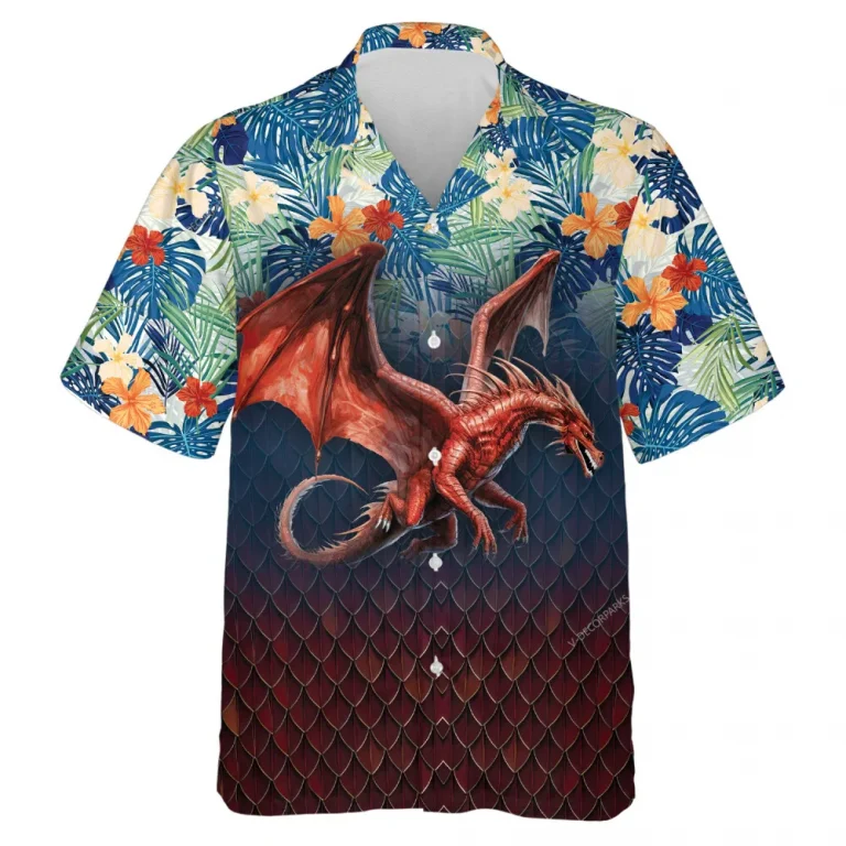 Red Dragon Hawaiian Shirt For Men Women, Tropical Forest Summer Shirt, Hibiscus Flower Hawaiian Shirt, Hawaiian Aloha Shirt Button Down Short Sleeve