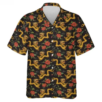 Mythology Dragon Hawaiian Shirt For Men Women, Flower Pattern Summer Shirt, Mens Casual Printed Button Down Shirt Short Sleeve, Vintage Beach Shirts