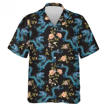 Mythology Blue Dragon Hawaiian Shirt For Men Women, Flower Pattern Summer Shirt, Mens Casual Printed Button Down Short Sleeve, Vintage Beach Shirts