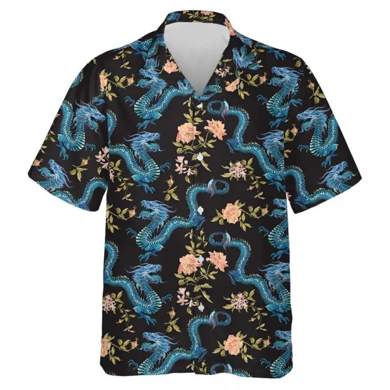 Mythology Blue Dragon Hawaiian Shirt For Men Women, Flower Pattern Summer Shirt, Mens Casual Printed Button Down Short Sleeve, Vintage Beach Shirts