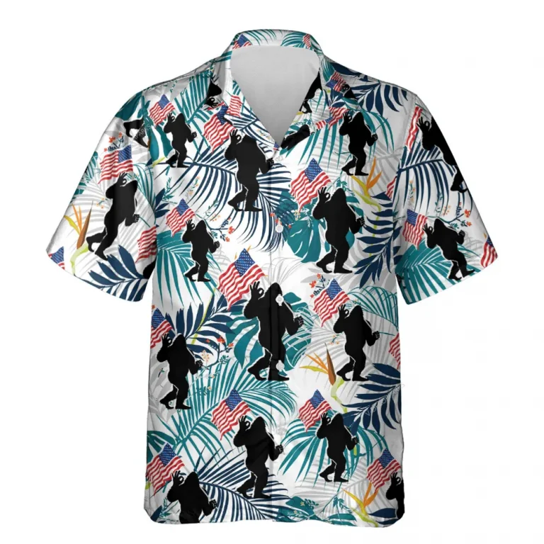 Sasquatch Hawaiian Shirts, Funny Patriotic Bigfoot Tropical Forest Summer Beach Shirts, 4th Of July Aloha Shirts, Mens Button Down Short Sleeve Shirt