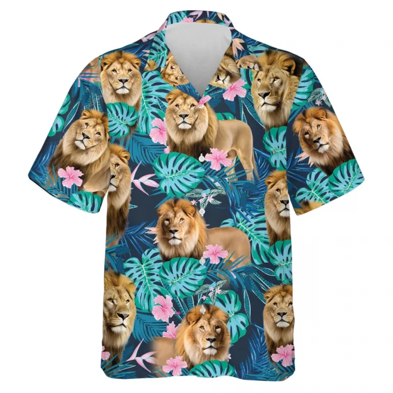 Lions Hawaiian Shirt For Men Women, Tropical Leaves Summer Beach Shirts, Hibiscus Aloha Shirts, Mens Button Down Short Sleeve Shirts, Lion Lovers Gift