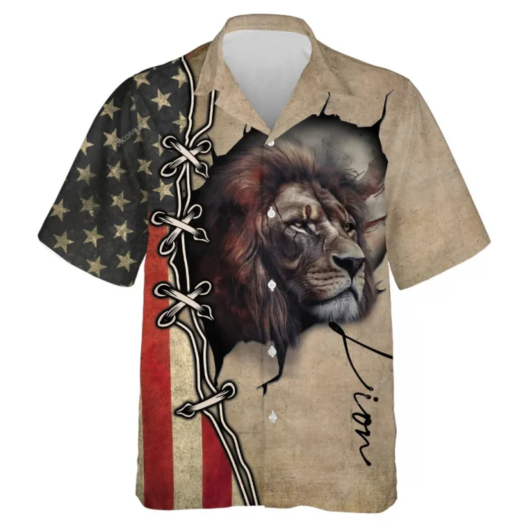 3d Printed Lions Hawaiian Shirt For Men Women, America Flag Lion Summer Beach Shirts, Patriotic Hawaiian Shirt, Mens Button Down Short Sleeve Shirts