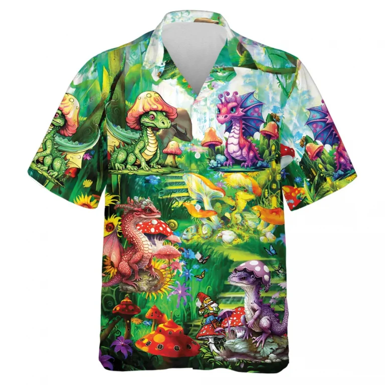 Mythical Dragons Hawaiian Shirts For Men, Colorful Dragon Mushrooms Summer Shirts, Funny Mythical Summer Beach Shirt, Button Down Shirt Short Sleeve