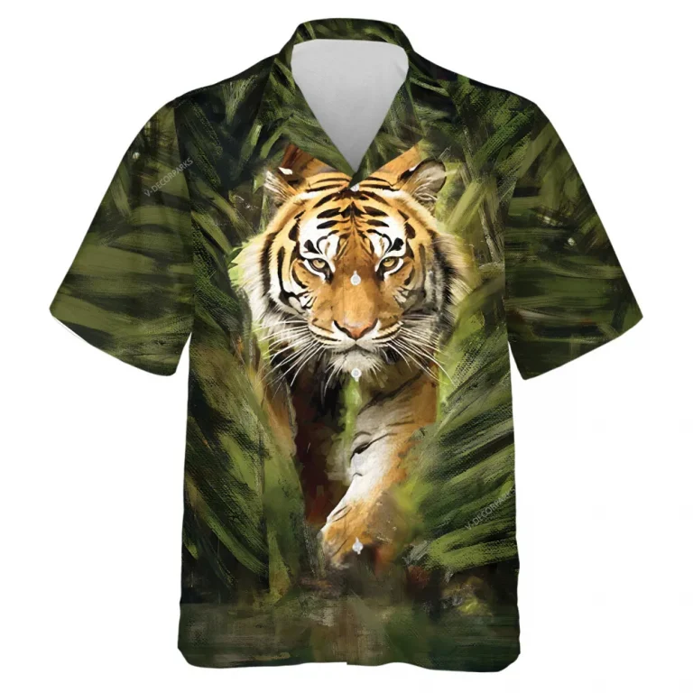 Camouflage Tiger Hawaiian Shirt For Men Women, Tiger Walking Summer Beach Shirts, Aloha Shirts, Tiger Lovers Mens Button Down Short Sleeve Shirts