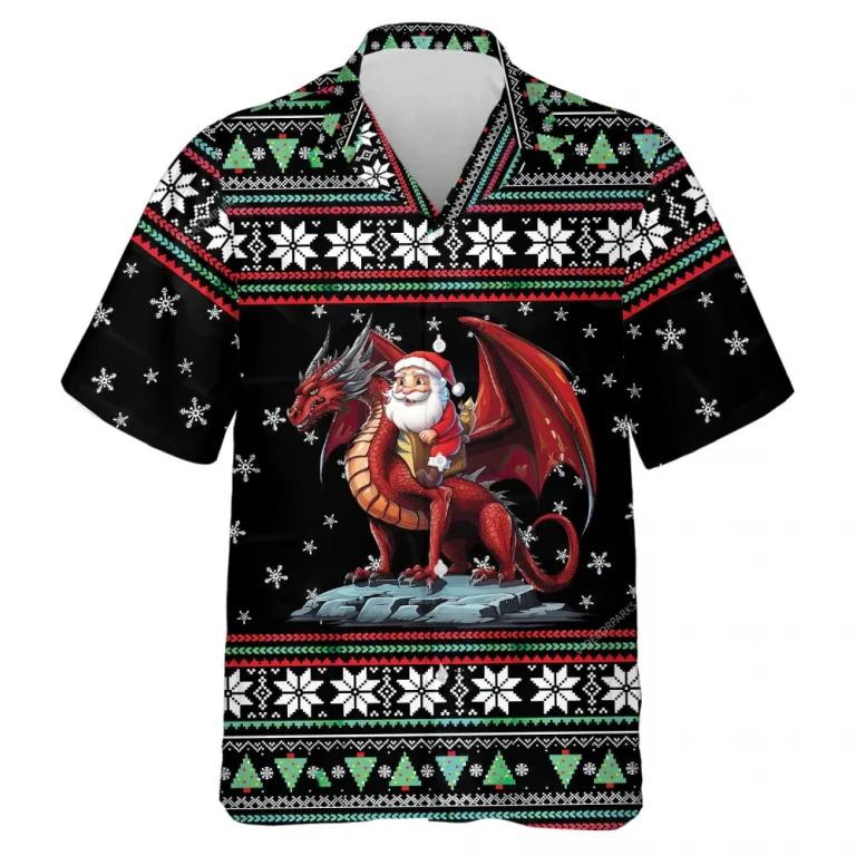 Christmas Ugly Sweater Pattern Summer Shirts, Santa Dragon Hawaiian Shirt For Men Women, Merry Christmas Mens Casual Button Down Shirt Short Sleeve