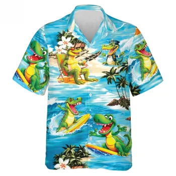 Funny Crocodile Surfing Hawaiian Shirt For Men Women, Aloha Tropical Crocodile Summer Beach Shirt, Aloha Summer Shirt, Button Down Shirt Short Sleeve