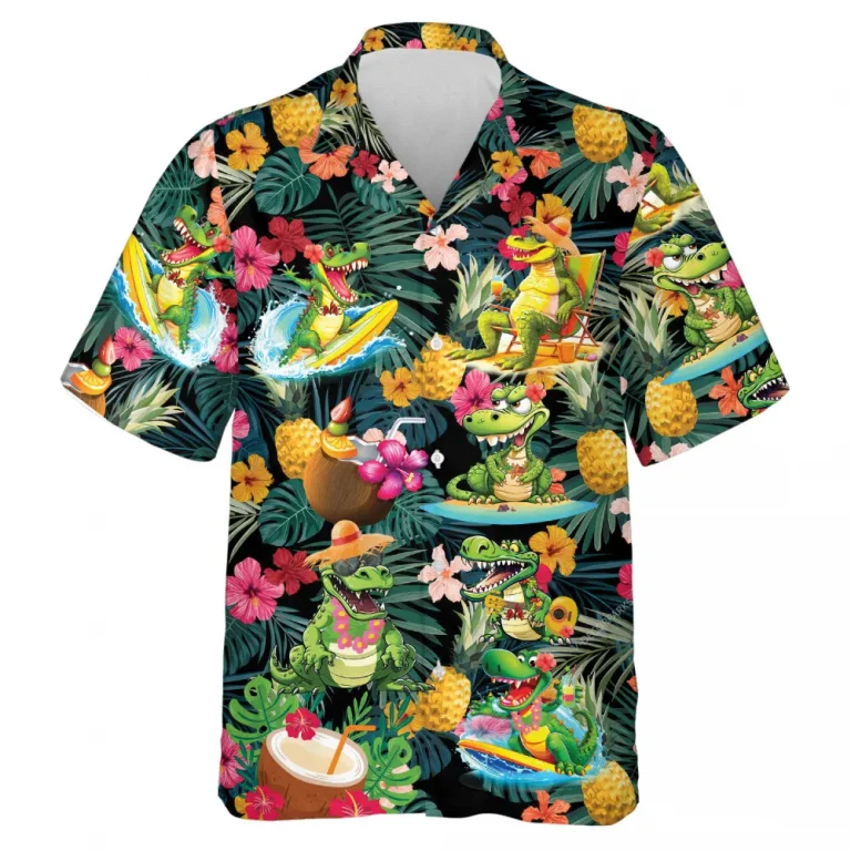 Funny Crocodile Hawaiian Shirts, Aloha Summer Beach Shirt Tropical Fruits Printed Short Sleeve Shirt,tropical Leaves Hibiscus Summer Button Down Shirt