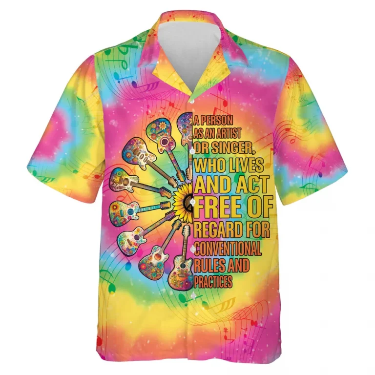 Hippie Guitar Hawaiian Shirts For Men Women, Colorful Tie Dye Summer Beach Shirts, Guitar Hippie Aloha Shirts, Mens Button Down Short Sleeve Shirts