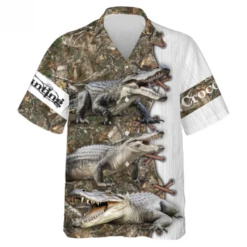 Crocodile Hunting Tropical Brown Pattern Hawaiian Shirt For Men Women, Wild Animals Summer Shirts, Crocodile Hunting Button Down Short Sleeve Shirts