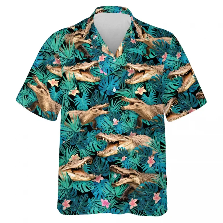 Tropical Crocodile Hawaiian Shirt For Men, Tropical Leaves Pattern Summer Shirt, Crocodile Aloha Beach Shirt, Casual Button Down Shirt Short Sleeve