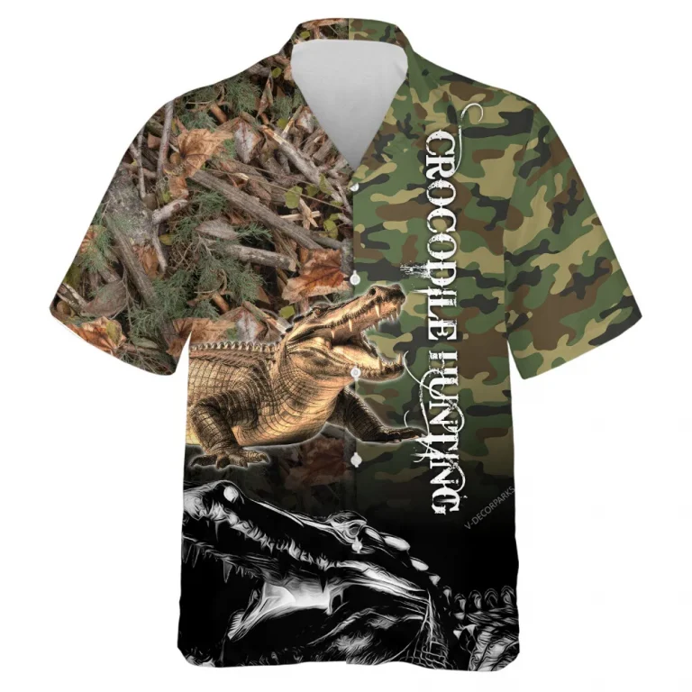 Crocodile Hunting Tropical Camo Pattern Hawaiian Shirt For Men Women, Wild Animals Summer Shirts, Crocodile Hunting Button Down Short Sleeve Shirts