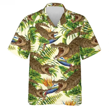 Crocodiles Hawaiian Shirt For Men Women, Tropical Banana Palm Pattern Summer Shirt, Crocodile Aloha Beach Shirt, Casual Button Down Shirt Short Sleeve