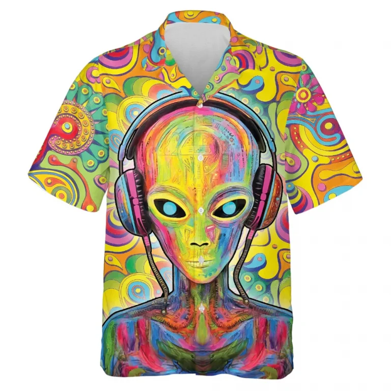 Space Alien Headphone Hawaiian Shirt For Men Women, Abstract Colorful Alien Summer Shirt, Summer Beach Mens Casual Button Down Shirt Short Sleeve