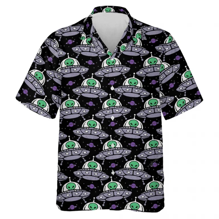 Space Alien Hawaiian Shirt For Men Women, Space Ship Pattern Summer Shirt, Alien Ufo Button Down Short Sleeves, Mens Casual Summer Beach Shirts