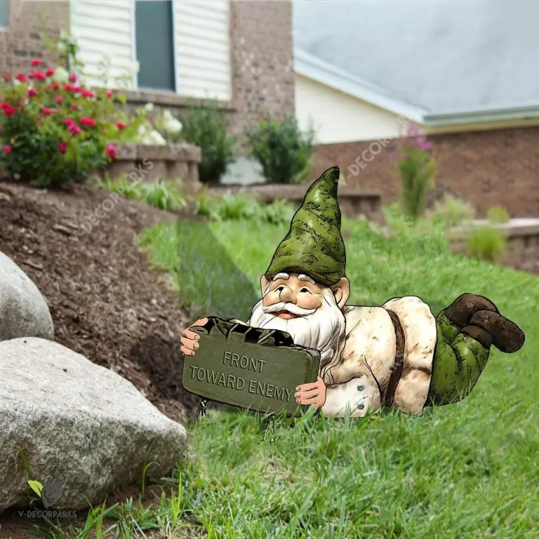 Garden Gnomes Holding M18 Claymore - 2d Print Metal Garden Sign