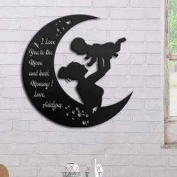 Family Mom I Love You To The Moon And Back Customized Name Metal Wall Art Cut Metal Sign