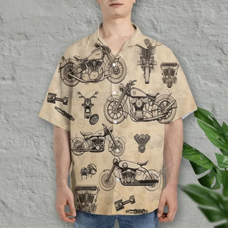 Vintage Motorcycle Hawaiian Shirts For Men Women, Motorbike Summer Beach Shirt, Motorcycle Lover Aloha Shirt, Vehicle Button Down Short Sleeve Shirts
