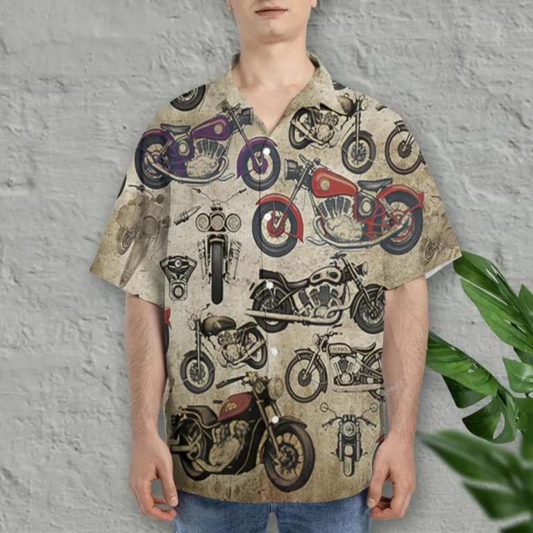 Vintage Motorcycle Hawaiian Shirt For Men Womens, Motorbike Summer Beach Shirt, Motorcycle Lover Aloha Shirts, Vehicle Button Down Short Sleeve Shirts