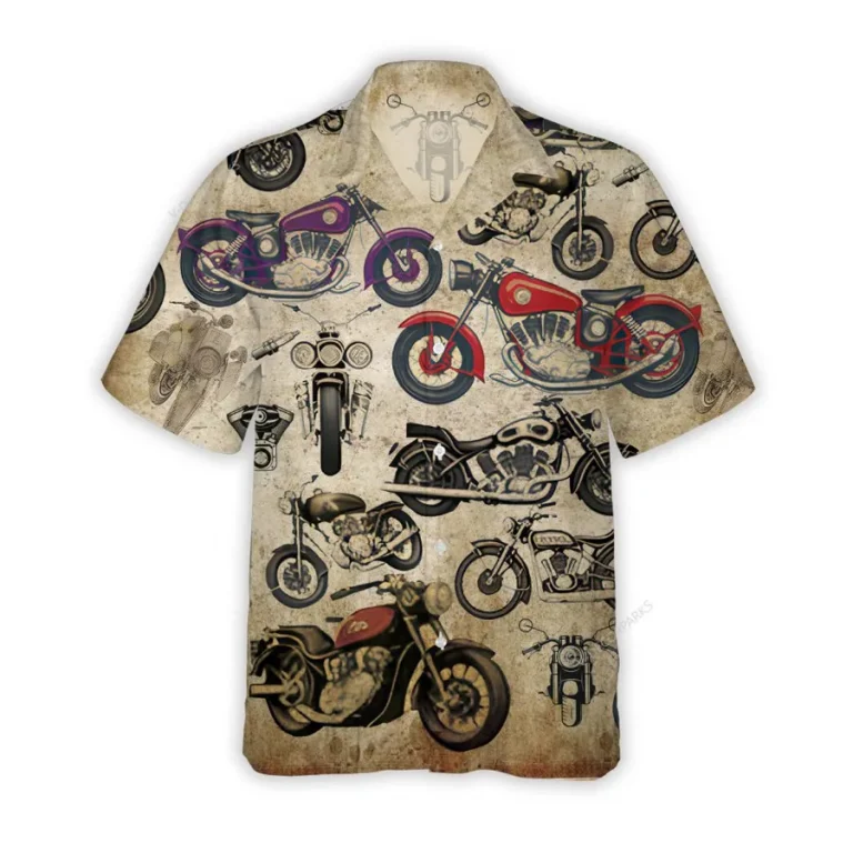 Vintage Motorcycle Hawaiian Shirt For Men Womens, Motorbike Summer Beach Shirt, Motorcycle Lover Aloha Shirts, Vehicle Button Down Short Sleeve Shirts