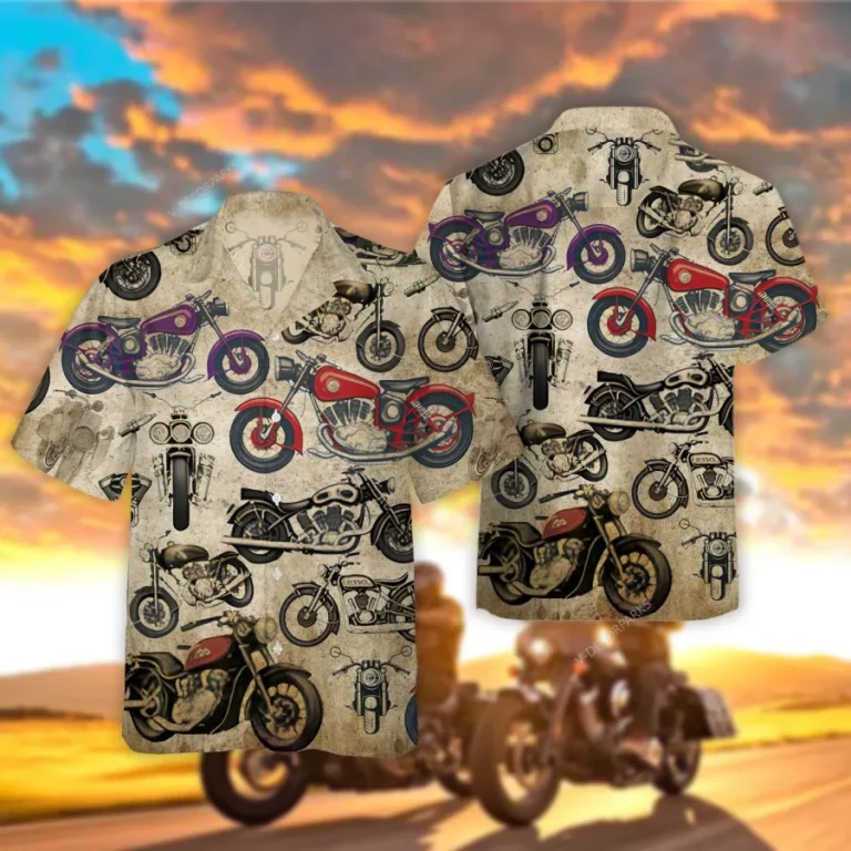 Vintage Motorcycle Hawaiian Shirt For Men Womens, Motorbike Summer Beach Shirt, Motorcycle Lover Aloha Shirts, Vehicle Button Down Short Sleeve Shirts