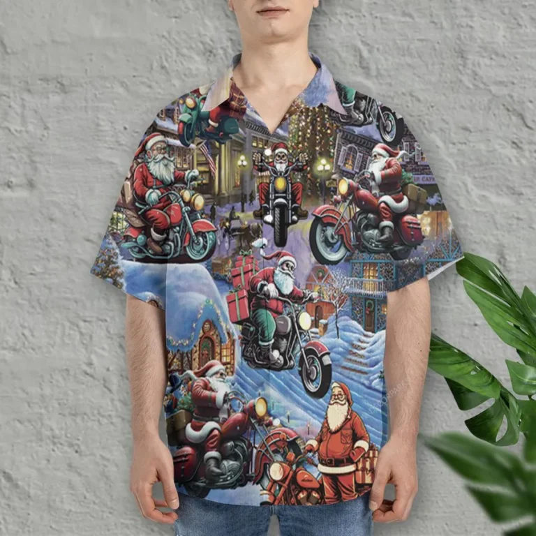 Santa Riding Motorcycle Hawaiian Shirt For Men Womens, Motorbike Summer Beach Shirt, Christmas Santa Aloha Shirts Button Down Short Sleeve Shirts