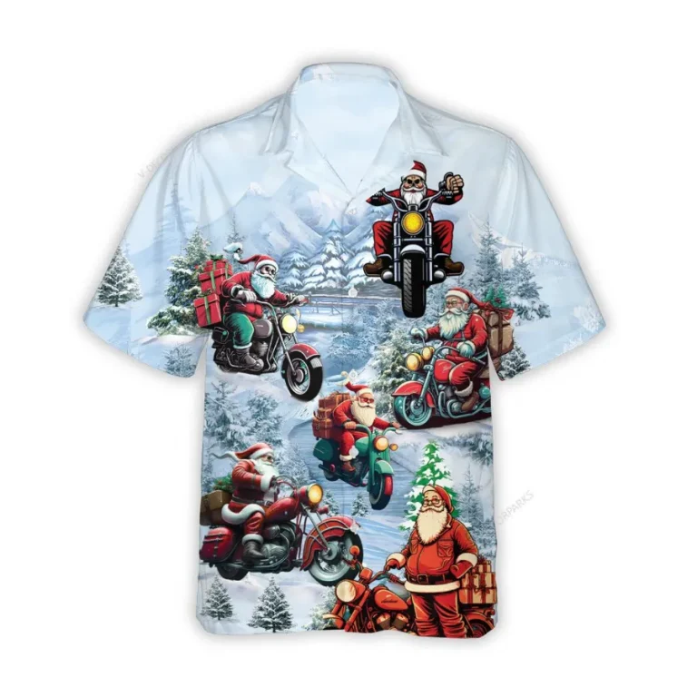 Santa Riding Motorbike Hawaiian Shirt For Men Womens, Motorcycle Summer Beach Shirt, Christmas Santa Aloha Shirts Button Down Short Sleeve Shirts