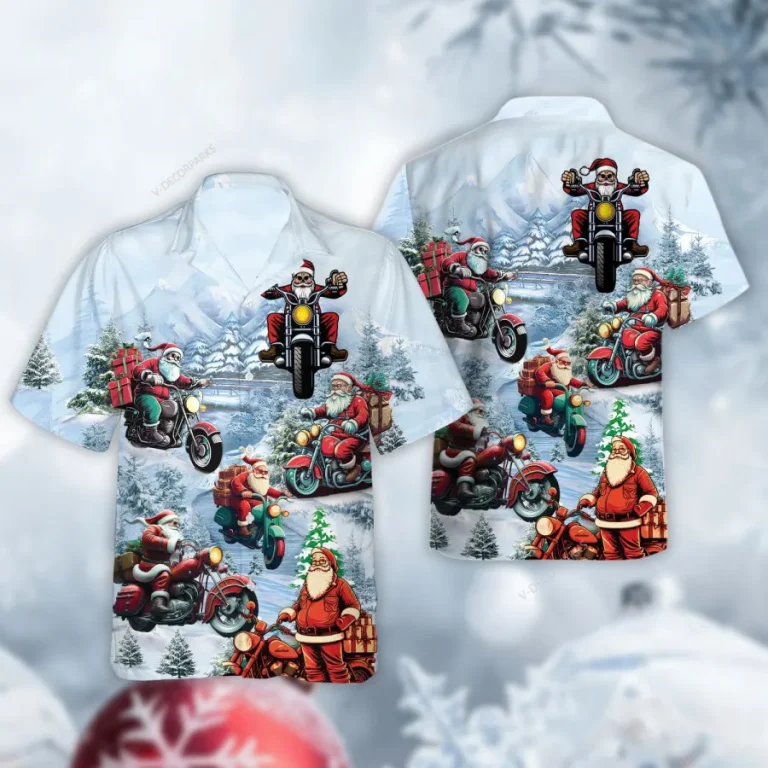 Santa Riding Motorbike Hawaiian Shirt For Men Womens, Motorcycle Summer Beach Shirt, Christmas Santa Aloha Shirts Button Down Short Sleeve Shirts