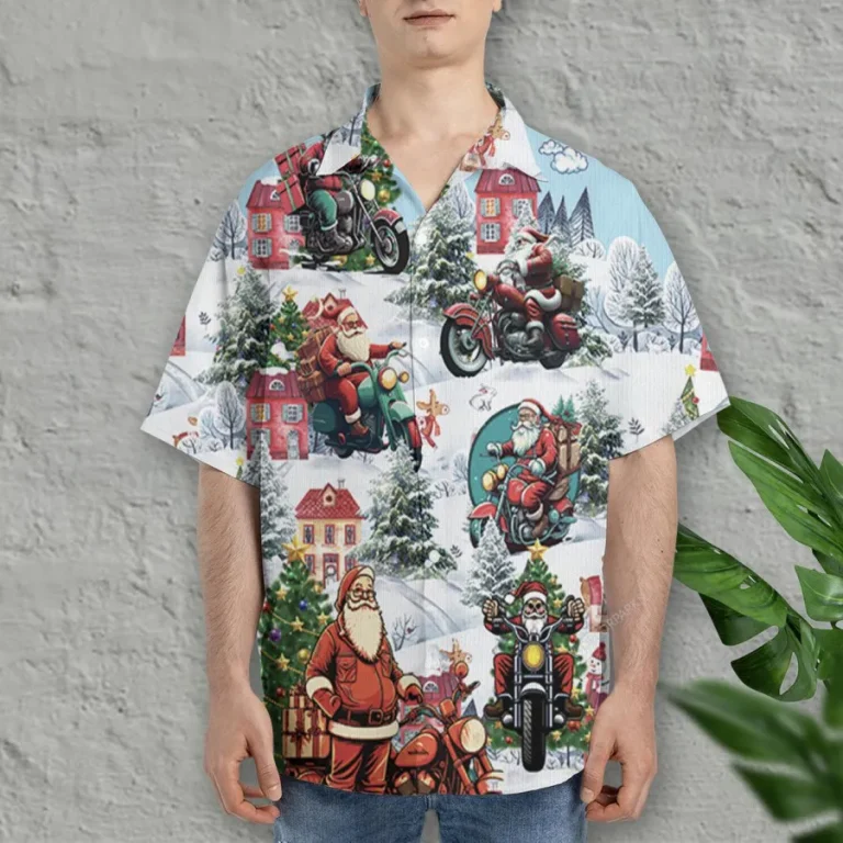 Santa Motorcycle Hawaiian Shirt For Men Womens, Motorcycle Summer Beach Shirt, Christmas Santa Aloha Shirts, Xmas Gift Button Down Short Sleeve Shirts