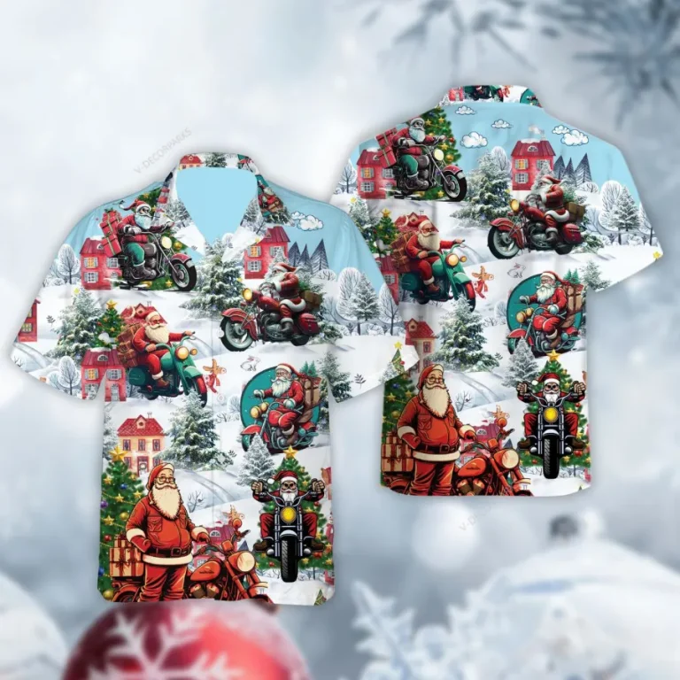 Santa Motorcycle Hawaiian Shirt For Men Womens, Motorcycle Summer Beach Shirt, Christmas Santa Aloha Shirts, Xmas Gift Button Down Short Sleeve Shirts