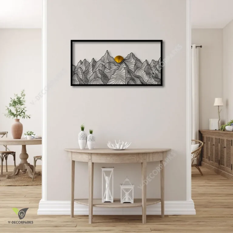 Sun And Mountain Rectangle Metal Wall Art, Mountain Living Room Metallic Plaque