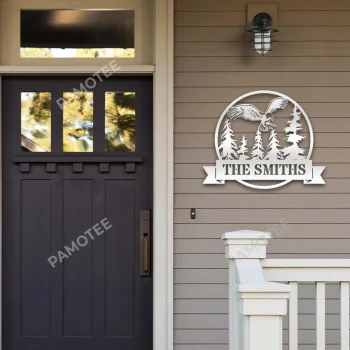 Personalized Name Eagle And Pine Trees Circle Metal Art, Cabin Decoration For Father