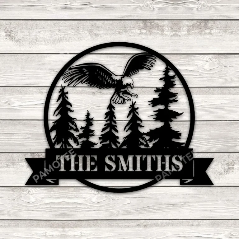 Personalized Name Eagle And Pine Trees Circle Metal Art, Cabin Decoration For Father
