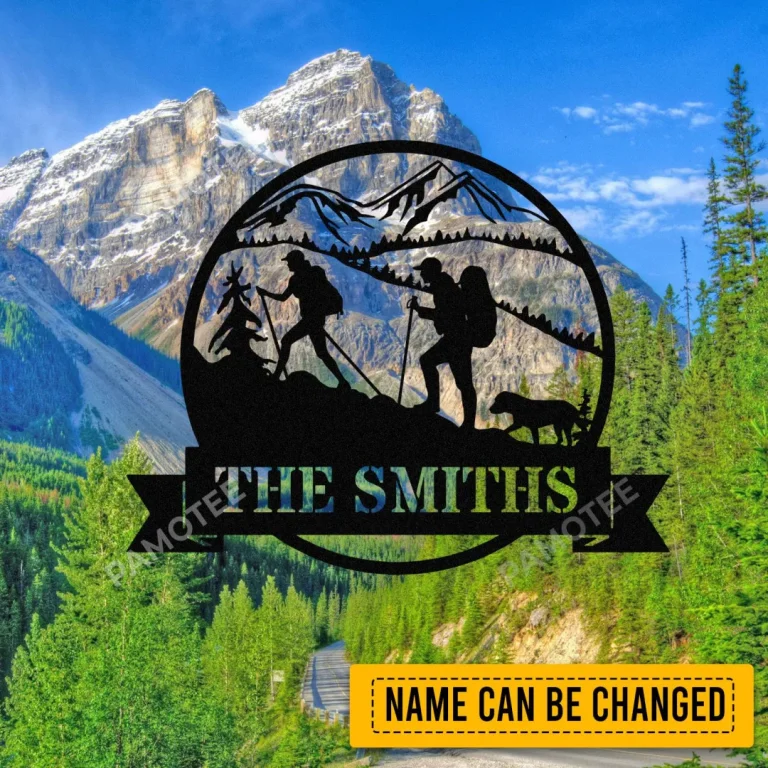 Customized Hiking Couple And Their Dog Metal Sign, Husband And Wife Hikers Gift