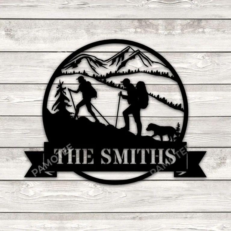 Customized Hiking Couple And Their Dog Metal Sign, Husband And Wife Hikers Gift