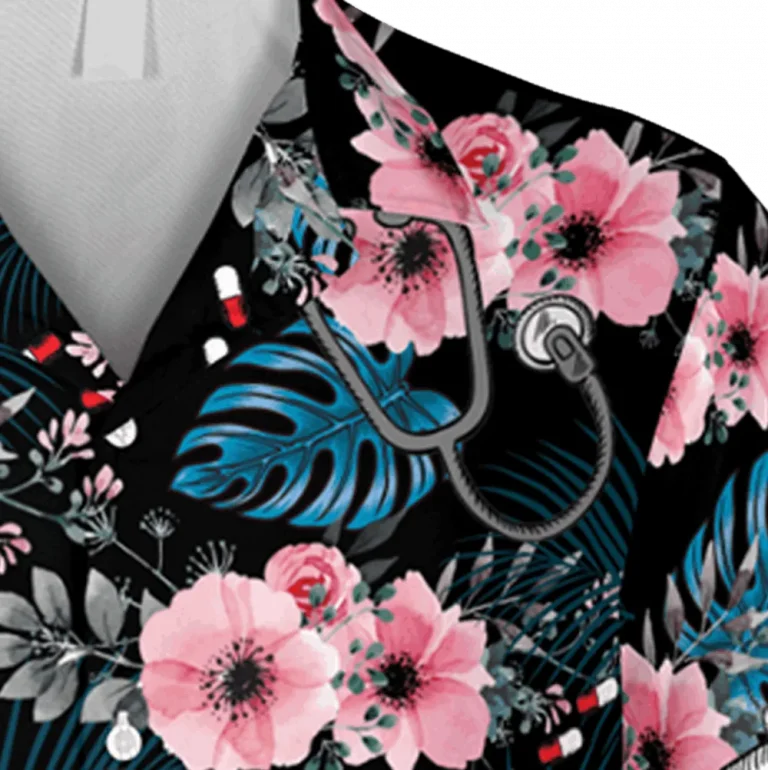 Floral Nurse Black Hawaii Shirt, Summer Shirt For Doctor Men, Aloha Shirt For Mens, Womens