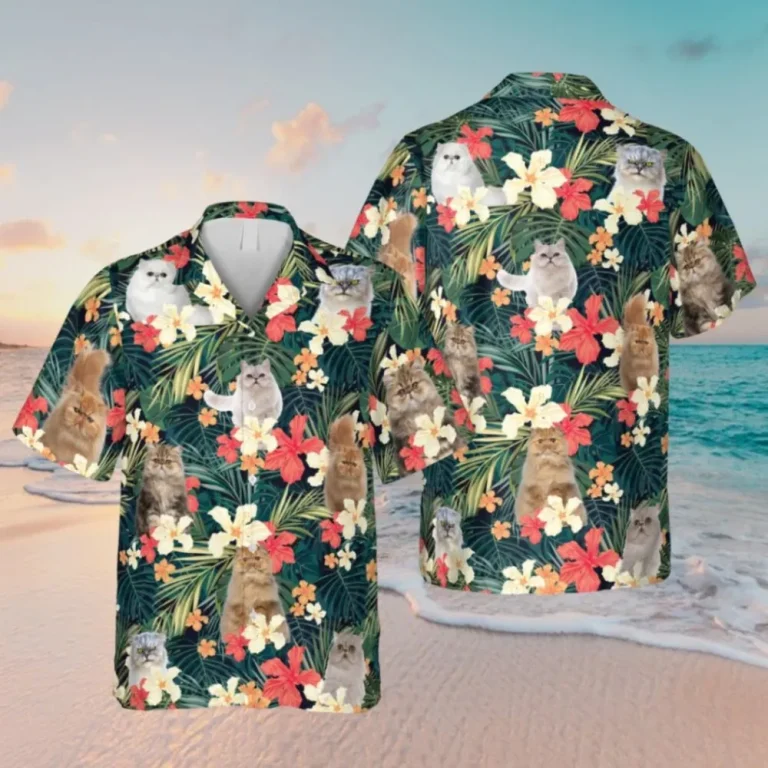 Floral Persian Kitty Hawaiian Shirt, Beach Cat Clothing, Aloha Shirt For Mens, Womens