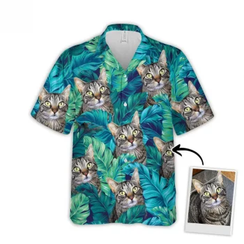 Custom Hawaiian Shirt With Pet Face, Personalized Gift For Pet Lovers, Turquoise And Blue Tropical Leaves Pattern Aloha Shirt