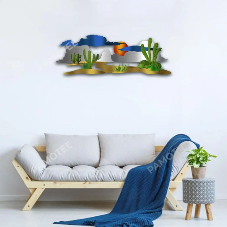 Desert Scene With Cactus Metal Sign, Arizona Scene Metallic Decor