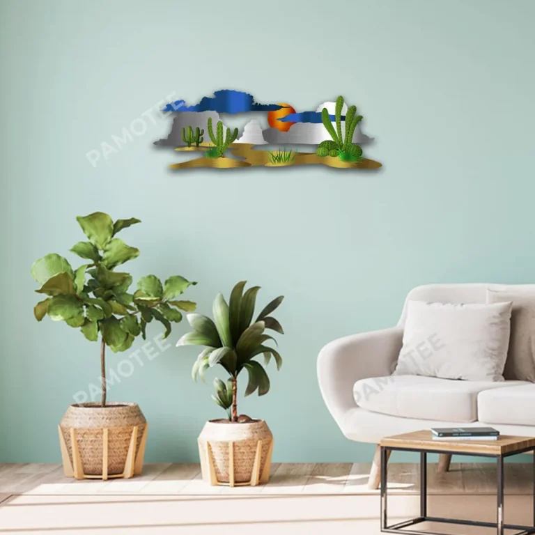 Desert Scene With Cactus Metal Sign, Arizona Scene Metallic Decor