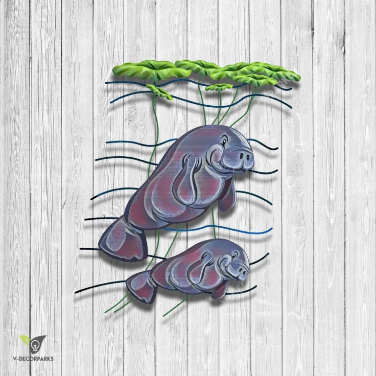 Manatee Mom And Baby Manatee Metal Sign, Cute Beach Decoration