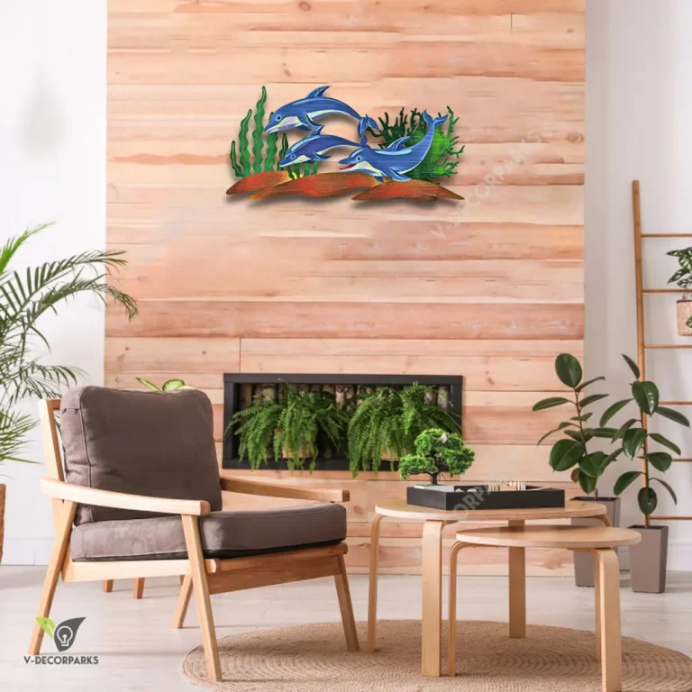 Swimming Dolphins Colored Metal Wall Decor, Dolphins Stainless Artwork