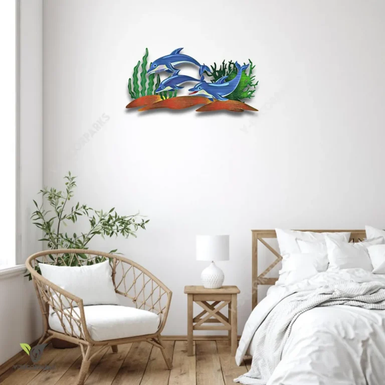 Swimming Dolphins Colored Metal Wall Decor, Dolphins Stainless Artwork