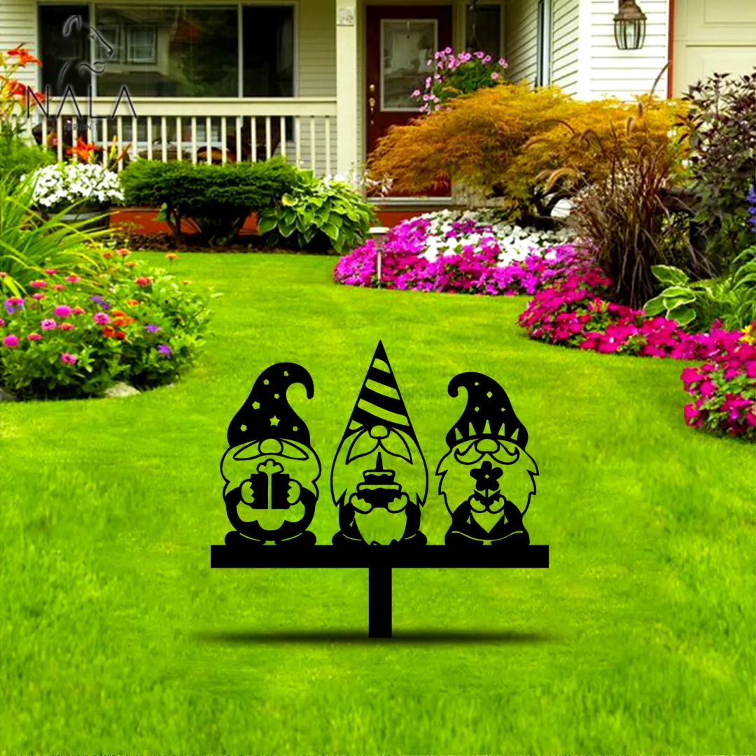 set4.4a.webp Happy Birthday Gnomes Ourdoor Garden Decor, Metal Garden Stake, Garden Art, Metal Yard Decor